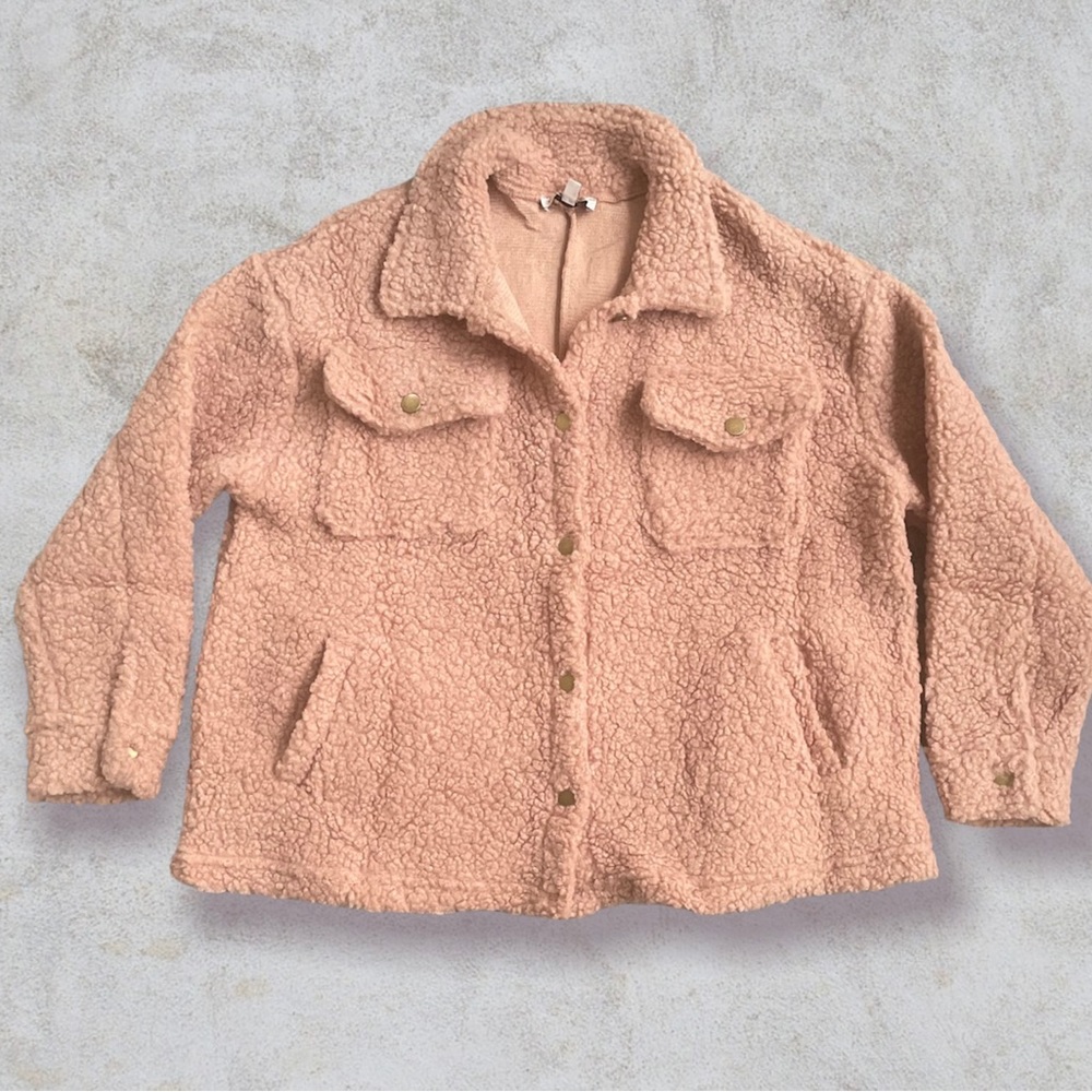 New Boutique Sherpa Shacket Taupe Jacket Teddy Coat Size Small